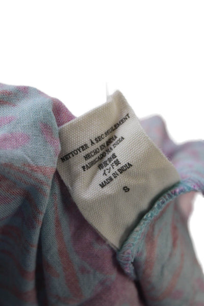 Jen's Pirate Booty Floral Print Ruffled Neck Trim Buttoned Blouse Blue Size S