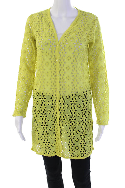 Johnny Was Womens Eyelet Detail Buttoned V-Neck Long Sleeve Top Green Size XS