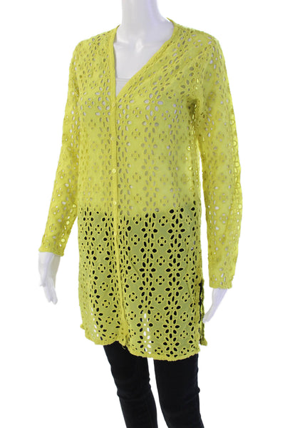 Johnny Was Womens Eyelet Detail Buttoned V-Neck Long Sleeve Top Green Size XS