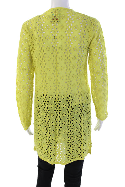 Johnny Was Womens Eyelet Detail Buttoned V-Neck Long Sleeve Top Green Size XS