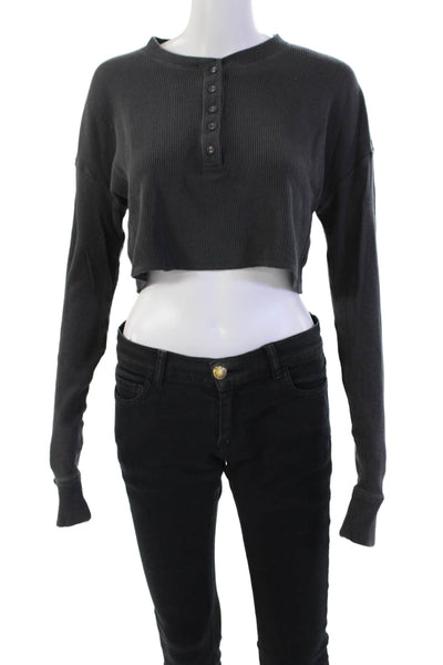 Skims Womens Cotton Blend Long Sleeve Cropped Henley Thermal Top Gray Size S