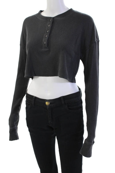 Skims Womens Cotton Blend Long Sleeve Cropped Henley Thermal Top Gray Size S