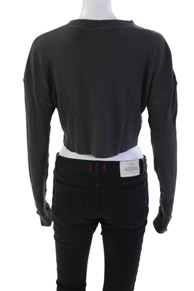 Skims Womens Cotton Blend Long Sleeve Cropped Henley Thermal Top Gray Size S