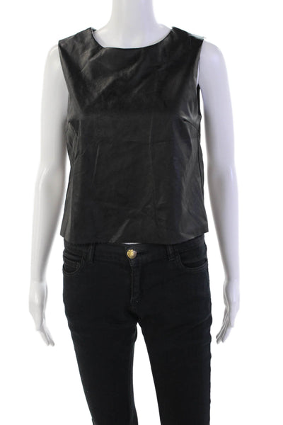 Drew Womens Vegan Leather Round Neck Zip Up Tank Top Blouse Black Size S