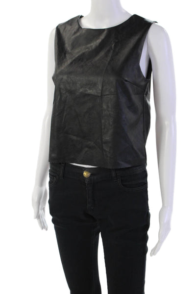 Drew Womens Vegan Leather Round Neck Zip Up Tank Top Blouse Black Size S