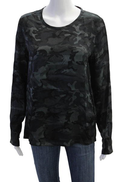 Equipment Femme Womens Silk Camouflage Print Round Neck Blouse Gray Size S