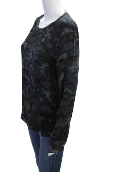 Equipment Femme Womens Silk Camouflage Print Round Neck Blouse Gray Size S