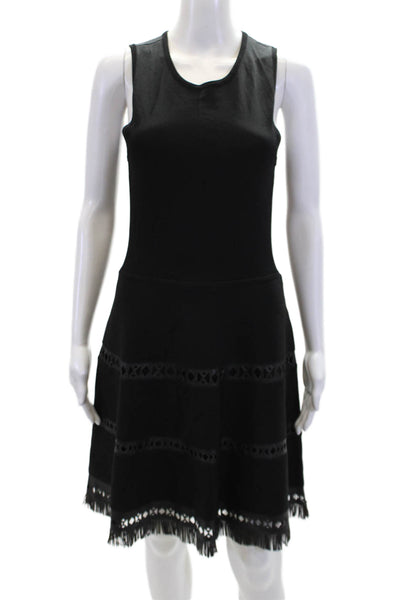 Parker Womens Crew Neck Leather Trim Sleeveless Shift Dress Black Size S