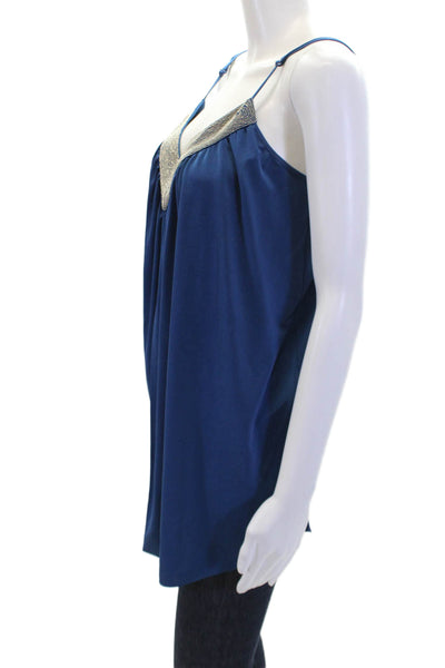 Robbi & Nikki Womens Embellished V-neck Sleeveless Drape Blouse Top Blue Size M