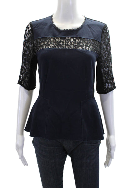 Rebecca Taylor Womens Lace Trim Crew Neck 3/4 Sleeve Peplum Blouse Top Blue Sz 4