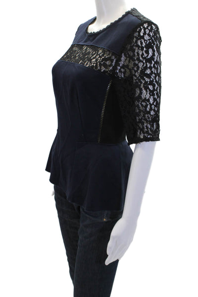 Rebecca Taylor Womens Lace Trim Crew Neck 3/4 Sleeve Peplum Blouse Top Blue Sz 4