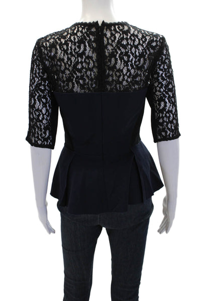Rebecca Taylor Womens Lace Trim Crew Neck 3/4 Sleeve Peplum Blouse Top Blue Sz 4