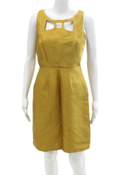 Maeve Anthropologie Womens Silk Caged Neck Sleeveless Sheath Dress Gold Size 4