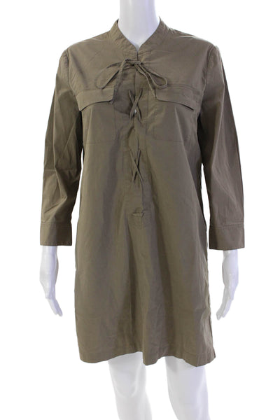 Theory Womens Cotton Long Sleeve V-neck Lace Up Tunic Blouse Brown Size 02