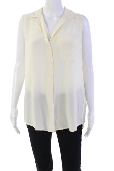 Equipment Femme Womens Silk Sleeveless V-neck Button Up Blouse Cream Size M