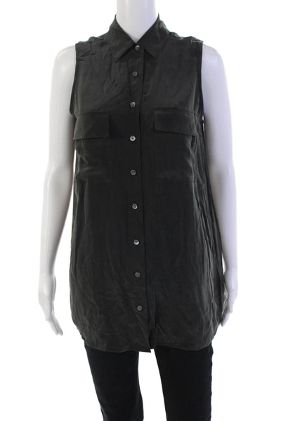 Equipment Femme Womens Silk Sleeveless V-neck Button Blouse Gray Size XS