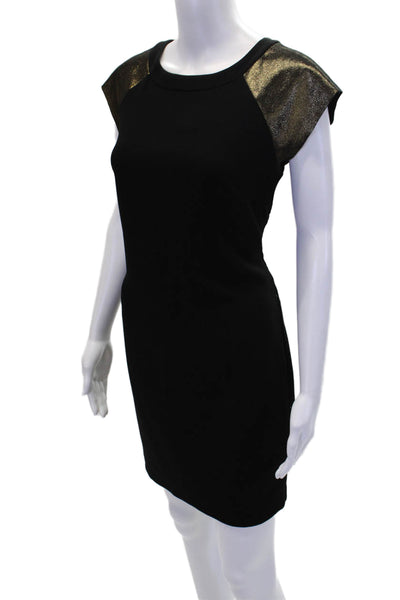 Trina Turk Women's Round Neck Sleeveless Mini Shift Dress Black Gold Size 4