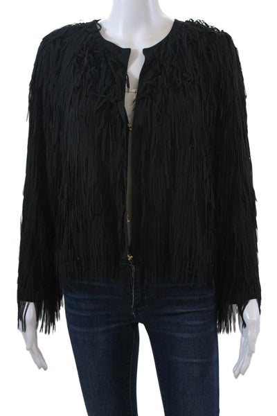 Myrang Womens Fringe Detail Hook Crew Neck Long Sleeve Jacket Black Size 40