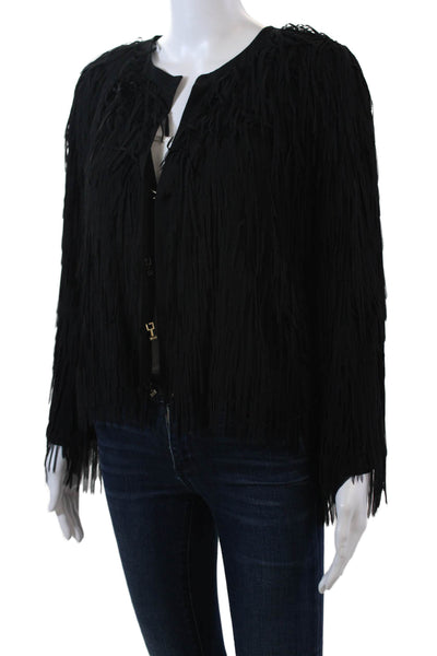 Myrang Womens Fringe Detail Hook Crew Neck Long Sleeve Jacket Black Size 40