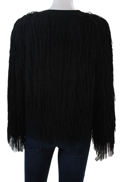 Myrang Womens Fringe Detail Hook Crew Neck Long Sleeve Jacket Black Size 40