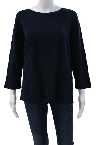 Kinross Womens Cotton Round Neck Long Sleeve Pullover Blouse Top Navy Size M