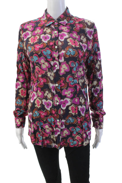 Sharis Womens Floral Collar Long Sleeve Button Down Shirt Purple Size 46