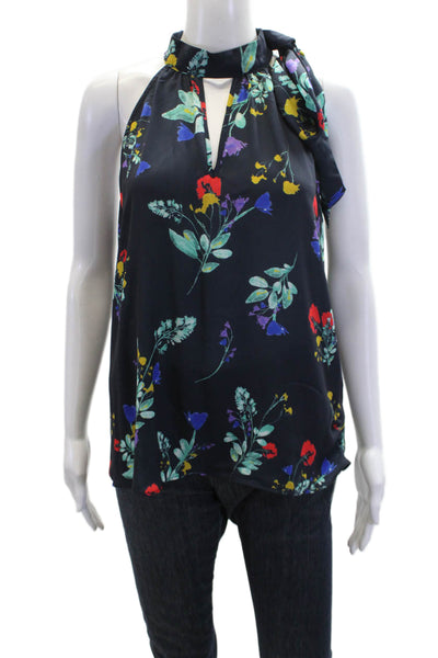 Parker Womens Floral Print Halter Neck Sleeveless Tank Top Navy Blue Size Large