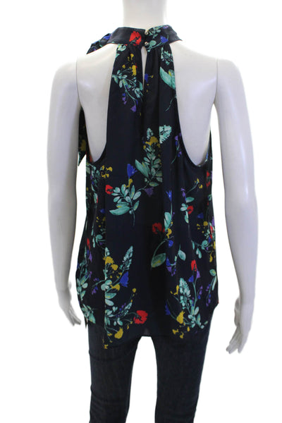 Parker Womens Floral Print Halter Neck Sleeveless Tank Top Navy Blue Size Large
