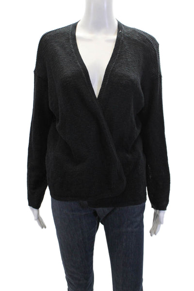 Eileen Fisher Womens Linen V-Neck Open Front Cardigan Sweater Black Size XS