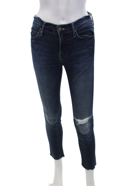 Mother Womens Cotton Distressed Five Pocket Mid-Rise Skinny Jeans Navy Size 25