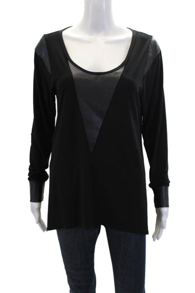 Natto Womens Leather Trim Scoop Neck Long Sleeve Blouse Top Black Size M