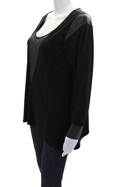 Natto Womens Leather Trim Scoop Neck Long Sleeve Blouse Top Black Size M