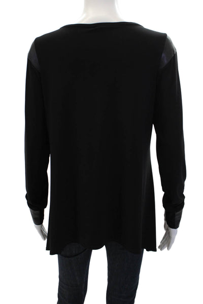 Natto Womens Leather Trim Scoop Neck Long Sleeve Blouse Top Black Size M