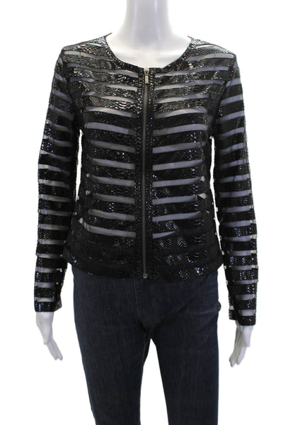 Natto Womens Leather Embossed Mesh Trim Zip Front Jacket Black Size Small