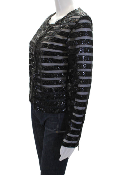Natto Womens Leather Embossed Mesh Trim Zip Front Jacket Black Size Small