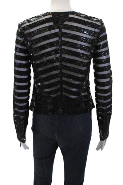 Natto Womens Leather Embossed Mesh Trim Zip Front Jacket Black Size Small