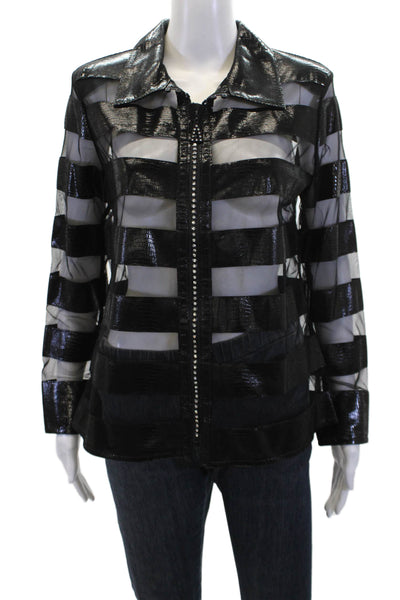 Natto Womens Leather Mesh Trim Collar Zip Up Long Sleeve Jacket Black Size M