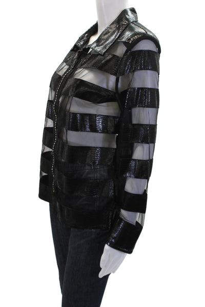 Natto Womens Leather Mesh Trim Collar Zip Up Long Sleeve Jacket Black Size M