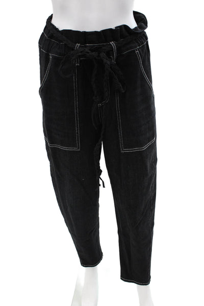 Something Navy Women's Paperbag Waist Straight Leg Belt Denim Pants Black Size 8
