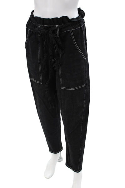 Something Navy Women's Paperbag Waist Straight Leg Belt Denim Pants Black Size 8