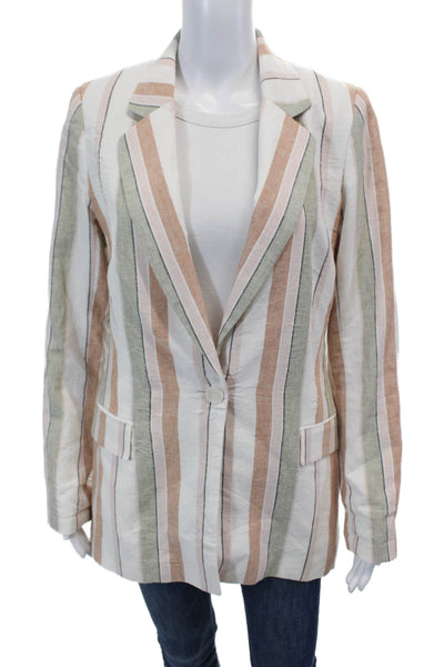 Rachel Zoe Womens Linen Striped Collared Long Sleeve Blazer White Size S