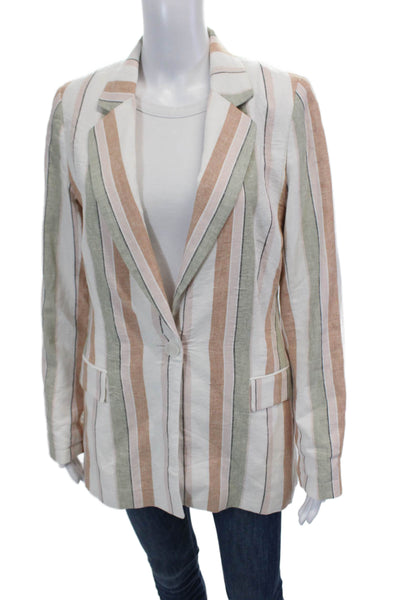 Rachel Zoe Womens Linen Striped Collared Long Sleeve Blazer White Size S