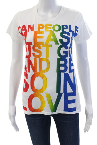 Simeon Farrar Womens Cotton Crew Neck Rainbow Text T-Shirt White Size XS