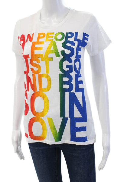 Simeon Farrar Womens Cotton Crew Neck Rainbow Text T-Shirt White Size XS