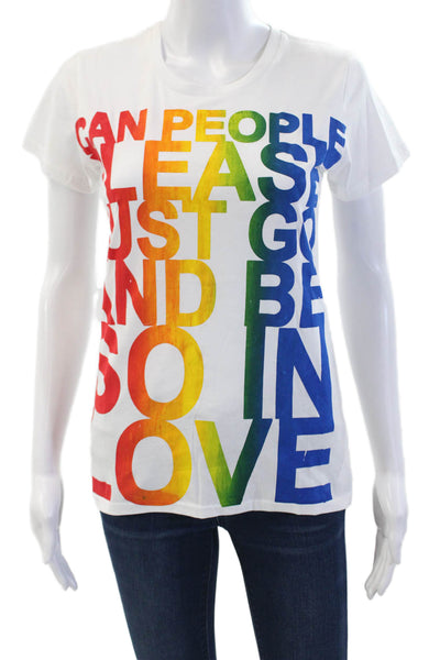 Simeon Farrar Womens Cotton Rainbow Text Graphic Crew Neck T-Shirt White Size M