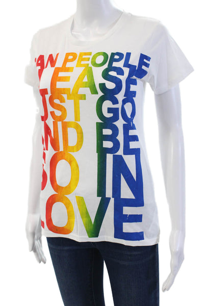 Simeon Farrar Womens Cotton Rainbow Text Graphic Crew Neck T-Shirt White Size M