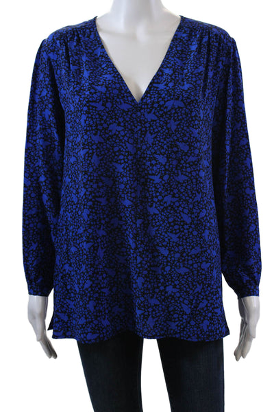 Nieves Lavi Womens Silk Stars Bird Print V Neck Blouse Black Blue Size Medium