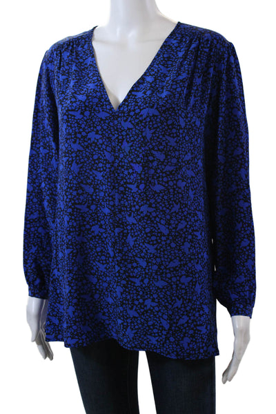 Nieves Lavi Womens Silk Stars Bird Print V Neck Blouse Black Blue Size Medium