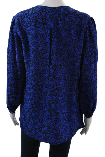 Nieves Lavi Womens Silk Stars Bird Print V Neck Blouse Black Blue Size Medium