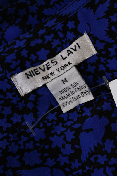 Nieves Lavi Womens Silk Stars Bird Print V Neck Blouse Black Blue Size Medium